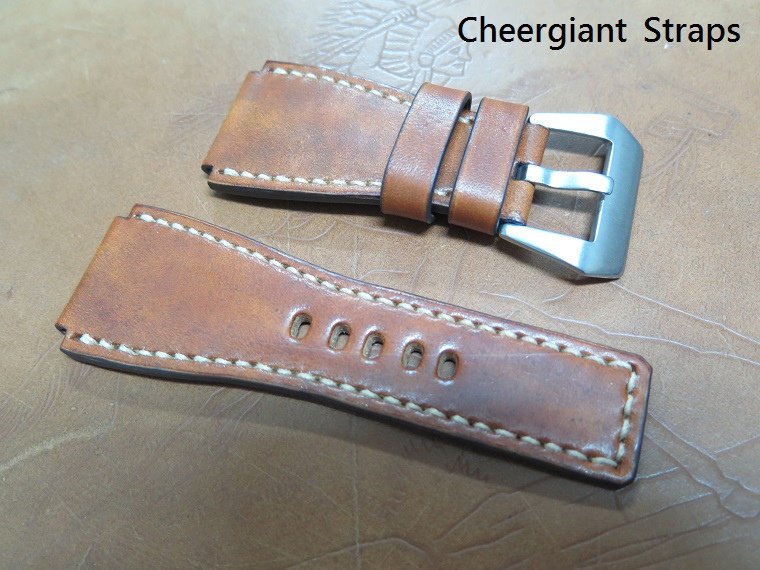 BR-02 honey brown vintage cowskin strap, 26x24mm, 70x110mm, thick 4.0mm, cream stitch. 02
