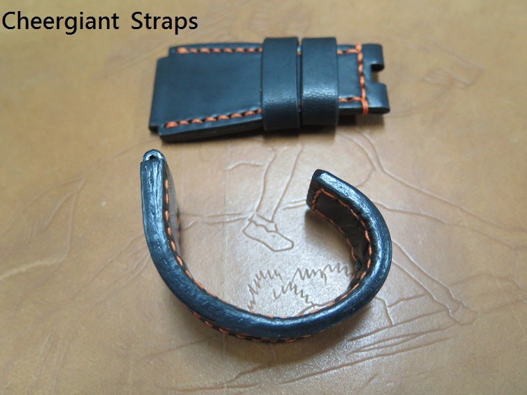 BR-02 black vintage cowskin strap, 26x24mm, 75x115mm, thick 4.5mm taper to 4.0mm, orange stitch. 03