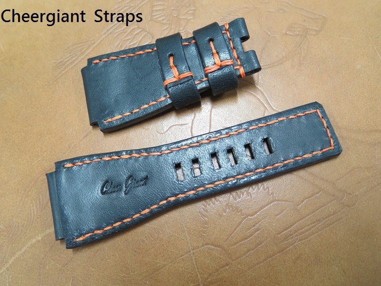 BR-02 black vintage cowskin strap, 26x24mm, 75x115mm, thick 4.5mm taper to 4.0mm, orange stitch. 04