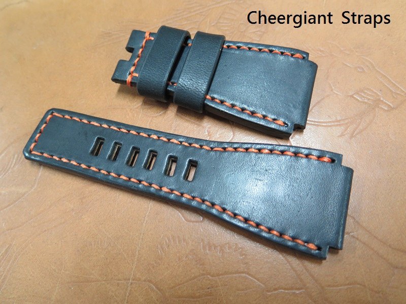 BR-02 black vintage cowskin strap, 26x24mm, 75x115mm, thick 4.5mm taper to 4.0mm, orange stitch. 01 