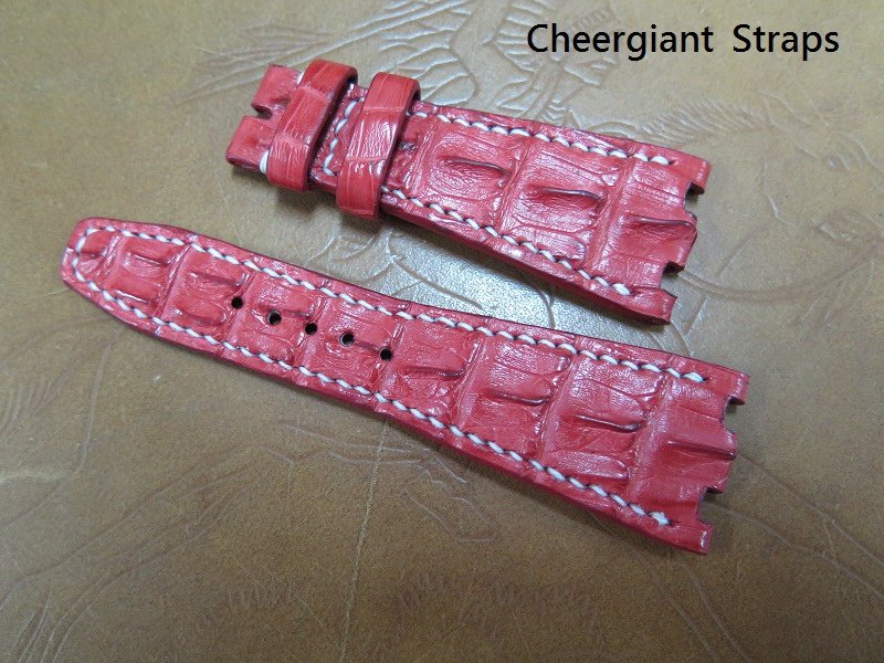 AP ROO Panda red horn crocodile strap, 28x18mm, 72x105mm, thick 7.0mm taper to 2.7mm, white stitch, black calf lining. 09