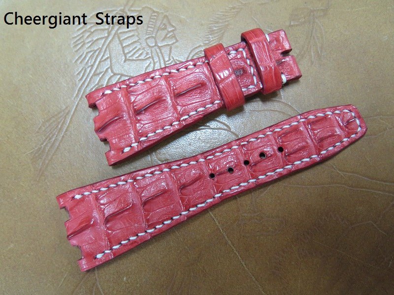 AP ROO Panda red horn crocodile strap, 28x18mm, 72x105mm, thick 7.0mm taper to 2.7mm, white stitch, black calf lining.10