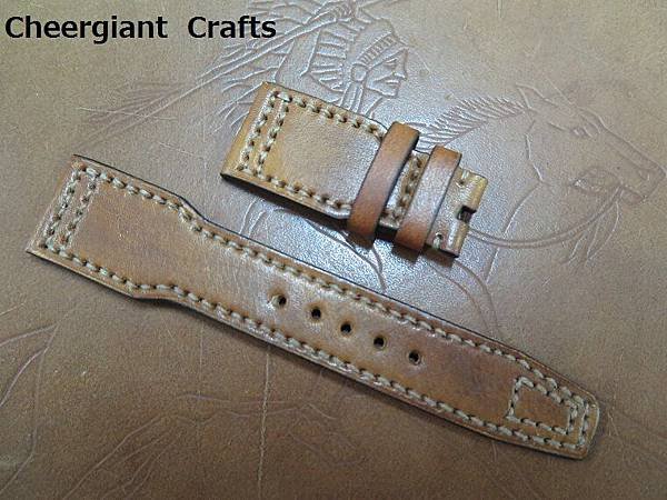 IWC Big Pilot honey brown vintage cowskin strap, 22x18mm, 50x120mm, thick 4.0mm taper to 2.7mm, cream stitch. 02