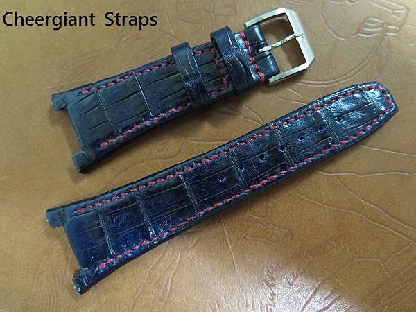 IWC Ingenieur Ceramic IW322503 dark blue croco strap, 28(16)x18mm, 72x115mm,thick 5.0mm taper to3.0mm,red stitch. 01   