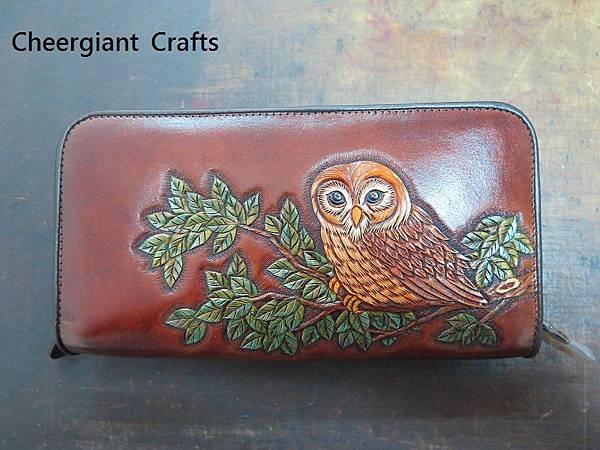 貓頭鷹,玫瑰與太陽花三款雙拉鍊真皮手拿皮包 Owl,Rose and Sunflowers hand carved pattern Double zipper leather wallets.