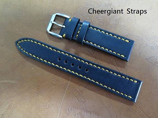 IWC dark blue cowskin strap, 20x18mm, 70x125mm, thick 4.8mm taper to 3.0mm, yellow stitch. 02