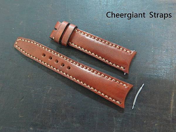 IWC Pilot Mark XV curved lug end honey brown cowskin strap, 19x16mm, 73x112mm, thick 4mm taper to2.8mm, cream stitch. 01 