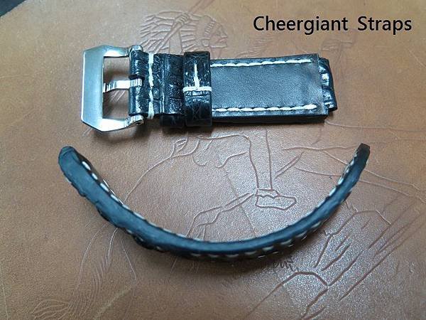 Omega black big horn croco strap, 28(22)x26mm,80x130mm, thick 8.5mm taper to 4.0mm, white stitching. 04