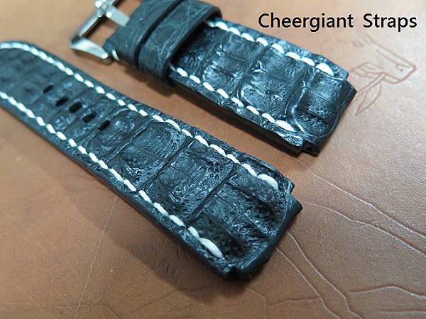 Omega black big horn croco strap, 28(22)x26mm,80x130mm, thick 8.5mm taper to 4.0mm, white stitching. 06