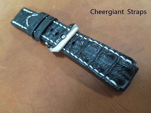 Omega black big horn croco strap, 28(22)x26mm,80x130mm, thick 8.5mm taper to 4.0mm, white stitching. 03