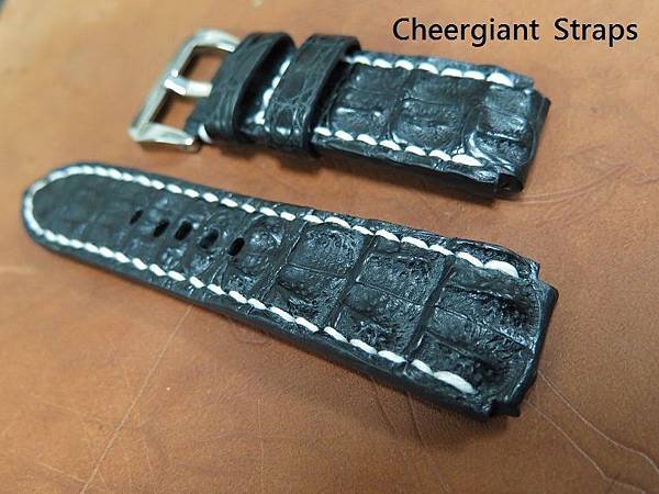 Omega black big horn croco strap, 28(22)x26mm,80x130mm, thick 8.5mm taper to 4.0mm, white stitching. 02