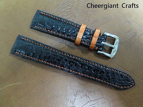 Rolex Explorer II padded black croco strap,21x18mm,80x135mm, orange keepers, orange stitch. 01 .JPG