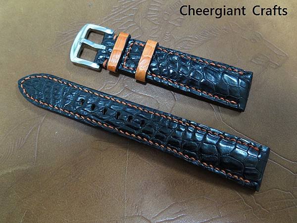 Rolex Explorer II padded black croco strap,21x18mm,80x135mm, orange keepers, orange stitch. 02 .JPG