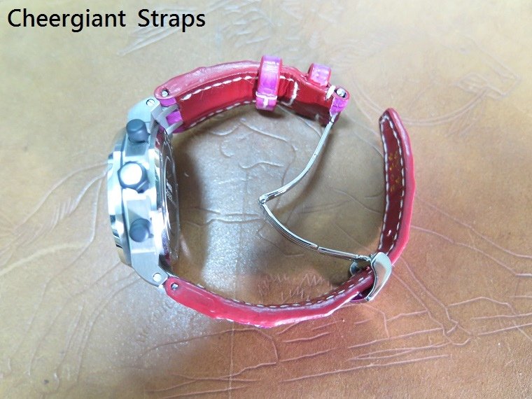 AP ROO (Ladies) pink little horn crocodile strap, 23x18mm, 53x105mm, thick 5.0mm taper to 2.5mm, white stitch. 05.JPG