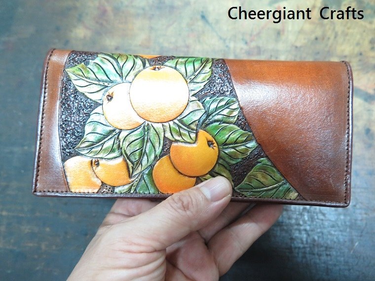 橘子圖案長皮夾. Hand carved orange pattern long wallet clutch bag. 02 .JPG