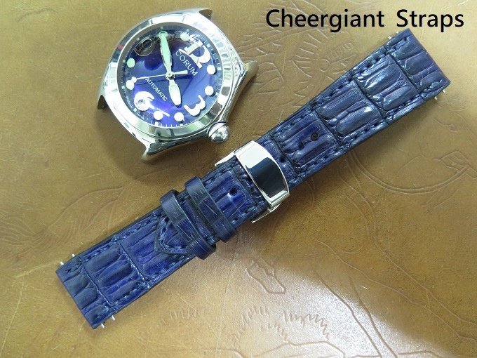 Corum curved lug end navy blue crocodile strap, 24x20mm, 70x115mm, thick 5.5mm taper to 2.8mm, match stitch. 02.JPG