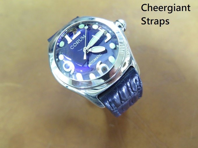 Corum curved lug end navy blue crocodile strap, 24x20mm, 70x115mm, thick 5.5mm taper to 2.8mm, match stitch. 07.JPG