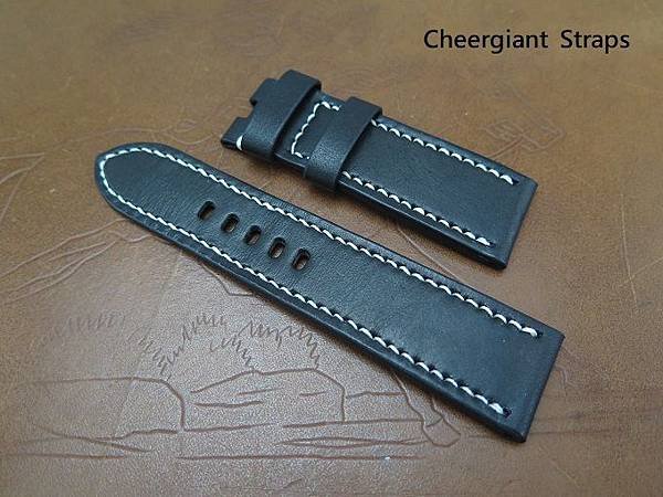 Panerai black leather strap, 24x22mm, 75x115mm, thick 4.0mm taper to 1.8mm, white stitching. 03.JPG