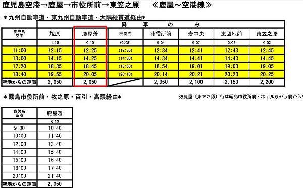 鹿兒島空港到鹿屋市巴士時刻表