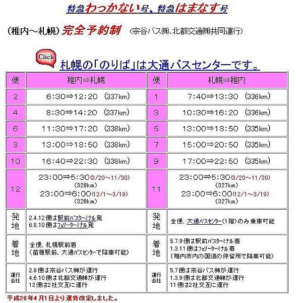 稚內市到札幌市巴士時刻表