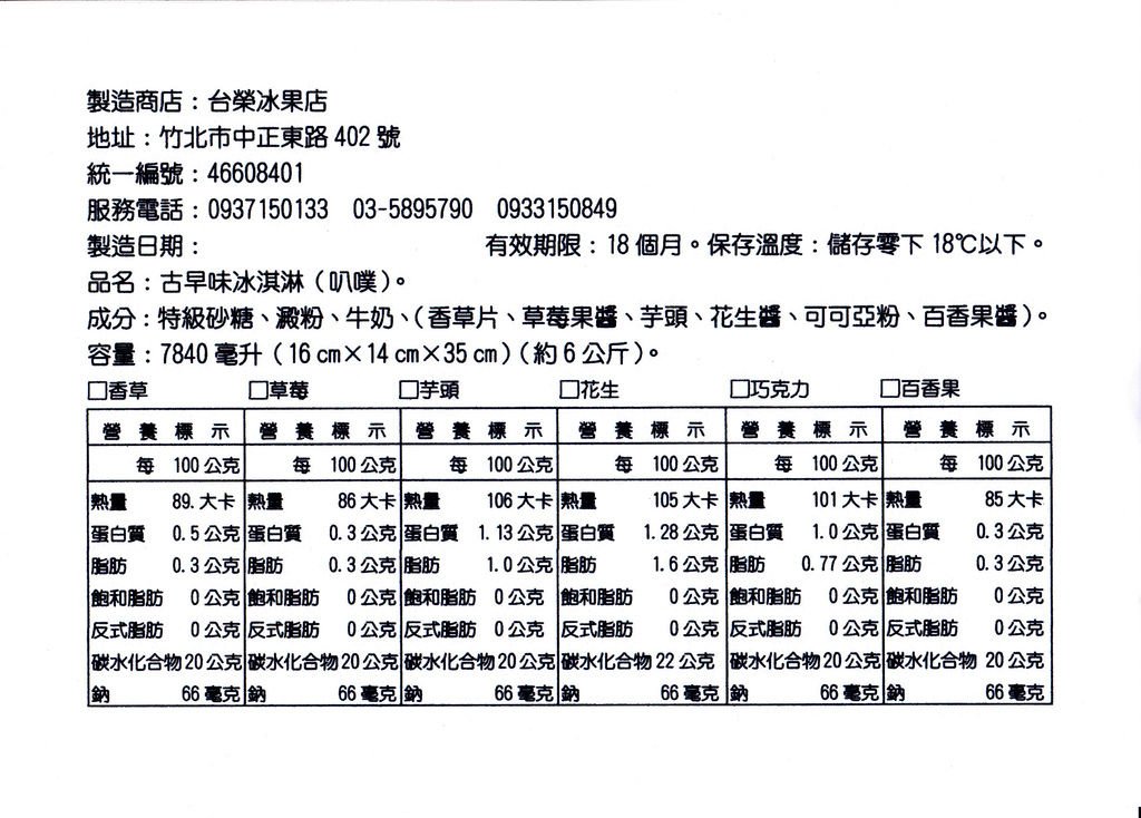 叭噗冰淇淋的成分與營養標示