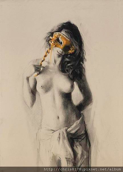 10880_Vicente Romero Redondo_ART2017_5_Venetian mask_粉彩碳筆Charcoal and pastel on ingres paper over an impasto base_50x70cm_2017_sm.jpg