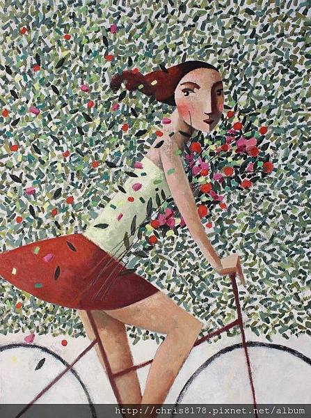 11457_Didier Lourenço_ 20181145709_花雨中的騎車 Pedales y petalos_油畫 oil on canvas_97x130cm_sm_2017.JPG