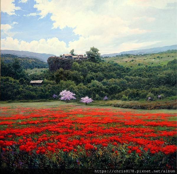 20211062601_綠蔭紅花_Almond trees and red flowers_油畫_Oil on canvas_100x100cm_50正方_風景_米蓋爾‧貝伊德羅_Miguel Peidro_西班牙_2018.JPG