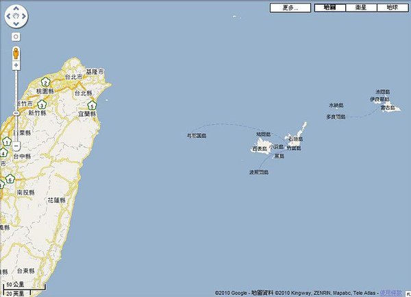 台灣和石垣島、西表島的相對位置圖