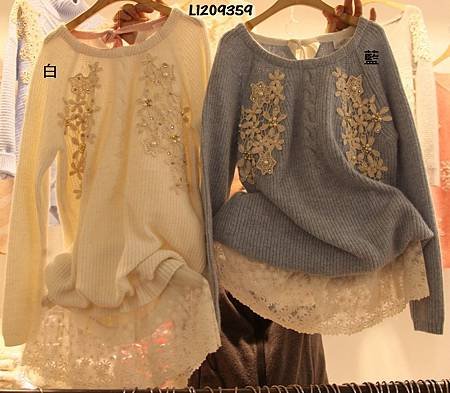 L1209359-花朵蕾絲裙背繫蝴蝶結針織(3色)-白-藍
