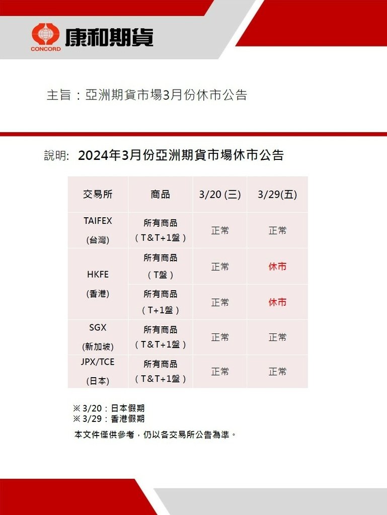 【休市公告】2024年3月份亞洲期貨市場