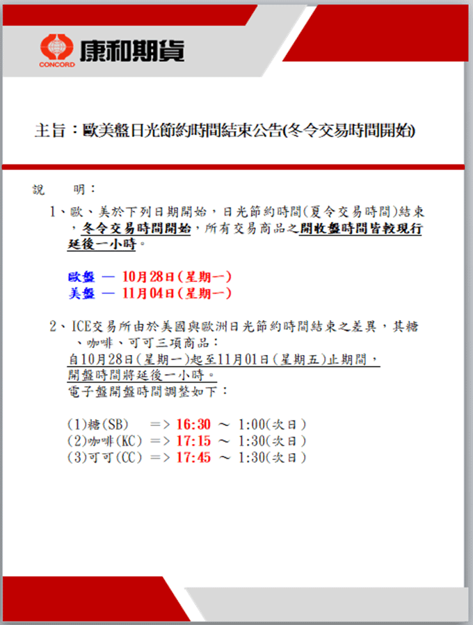 2024歐美盤日光節約時間結束公告(冬令交易時間開始)