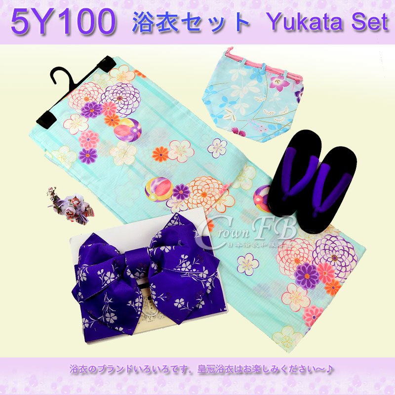 【番號5Y-100】5點日本浴衣Yukata~湖水綠色底花卉~含定型蝴蝶結木屐提袋頭花1.jpg