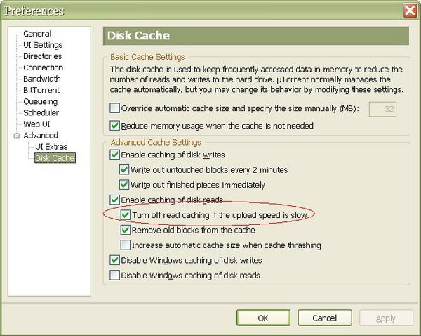 uTorrent 預設diak cache設定