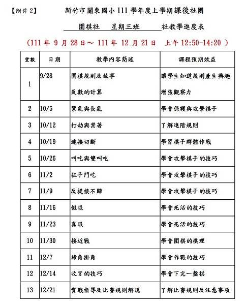 新竹市關東國小 111學年度上學期課後圍棋社團課表