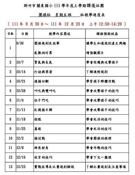 新竹市關東國小 111學年度上學期課後圍棋社團課表