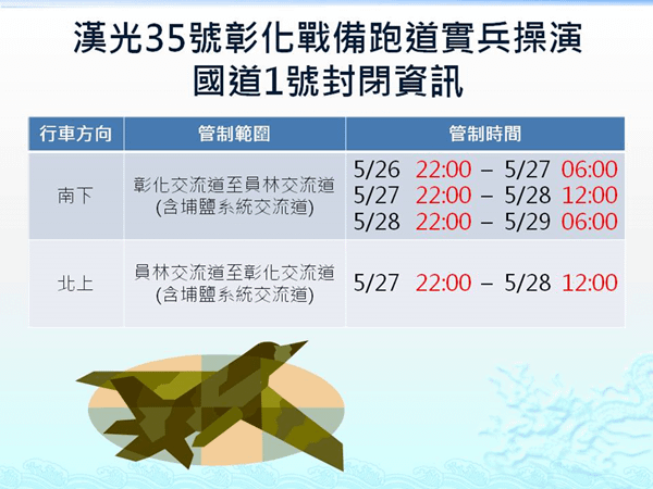 漢光35號演習彰化戰備跑道戰機起降實兵演練國道1號封閉資訊.png