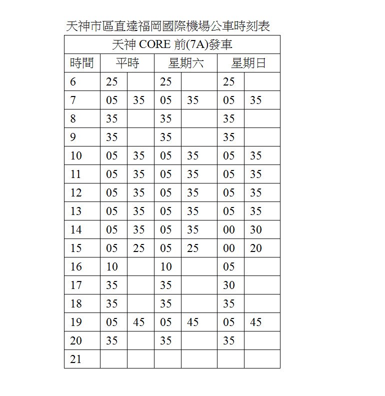 天神到福岡的直達公車時刻表