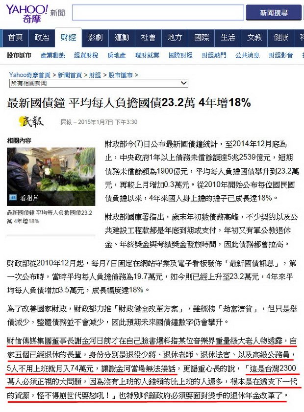 最新國債鐘 平均每人負擔國債23.2萬 4年增18%-2015.01.07.jpg
