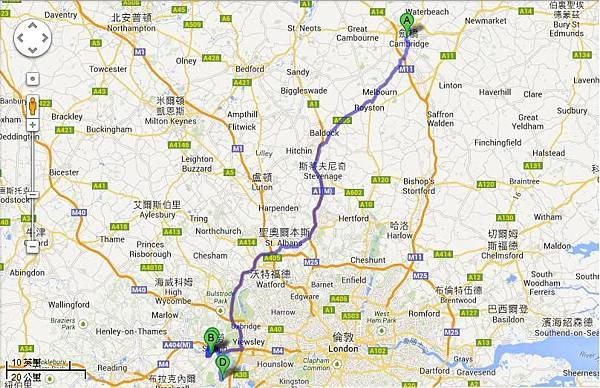 Google map-from Cambridge to Windsor, Eton & Royal Holloway University