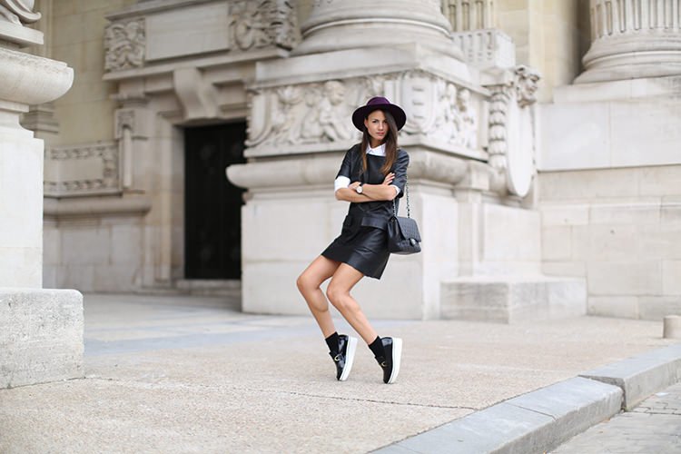 grand-palais-zina-charkoplia-fashion-week-leather-dress-stella-mccartney-shoes-hat-black-shirt