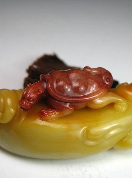 三色芙蓉巧雕龍龜把件-5