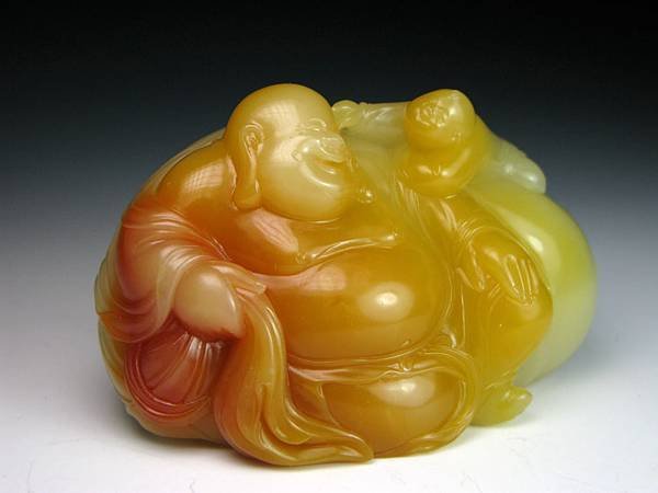 石痴三彩芙蓉彌勒童子雕-3