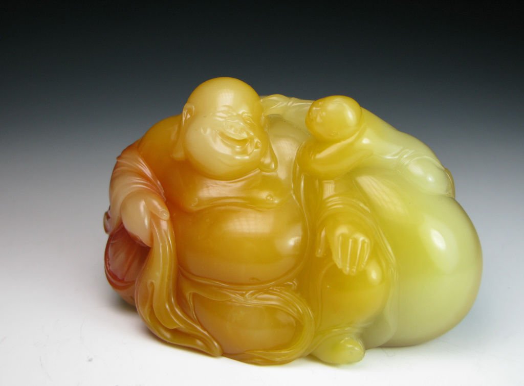 石痴三彩芙蓉彌勒童子雕-4