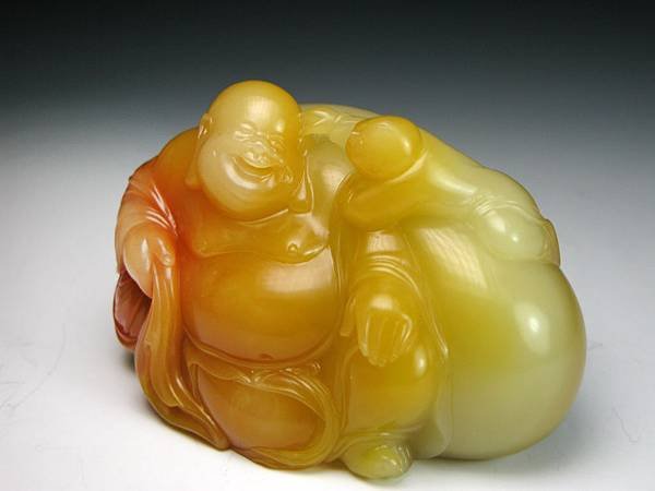 石痴三彩芙蓉彌勒童子雕-5