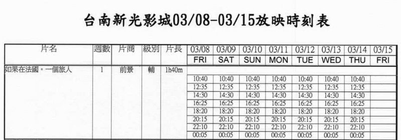 台南新光影城0308-0314時刻表