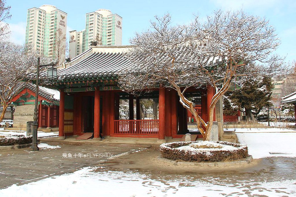 韓國首爾。下大雪的東廟、南山谷韓屋村(남산골한옥마을)、 土