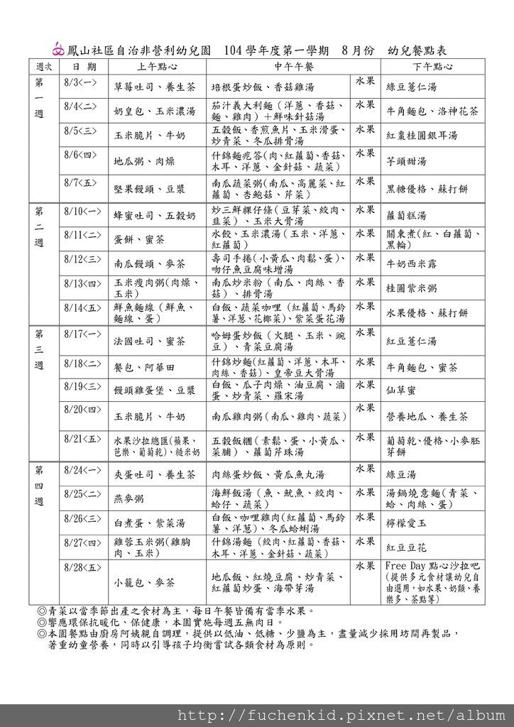 8月份幼兒餐點表