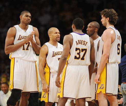 Lakers teammates Bynum Fish Artest Kobe and Gasol.JPG