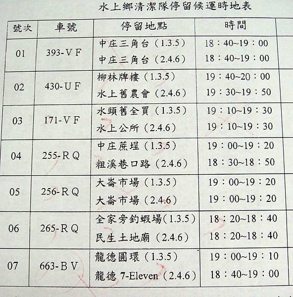 水上鄉 定時點運垃圾